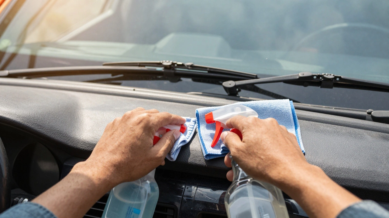 Hands cleaning car wiper blades with cloth under bright sunlight