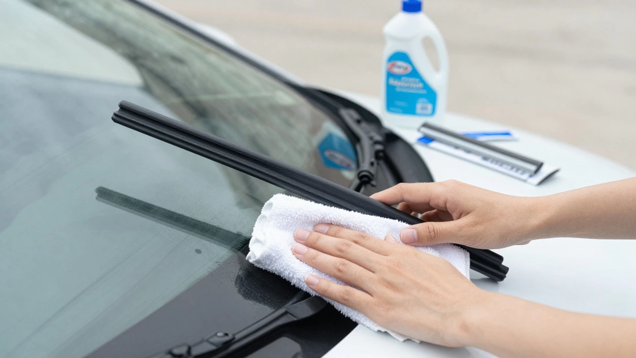 Hands lifting wiper arm with towel protection for maintenance