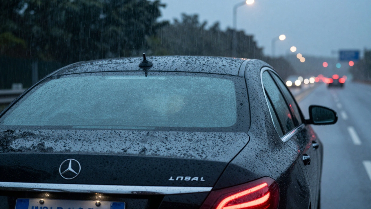 Luxury sedan rear window staying clear in rain, highlighting camera tech over wipers.