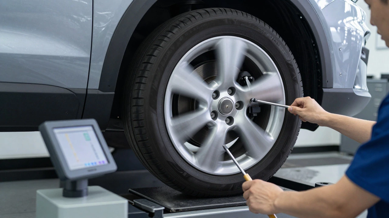 Mechanic balancing a car wheel on professional alignment equipment