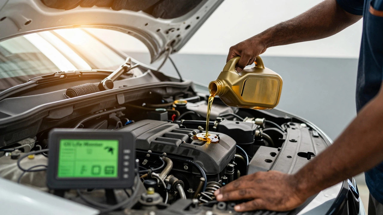 Mechanic pouring fresh oil into a car engine with a glowing oil life monitor