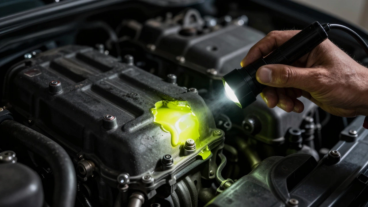 Mechanic using UV light to find glowing coolant leak