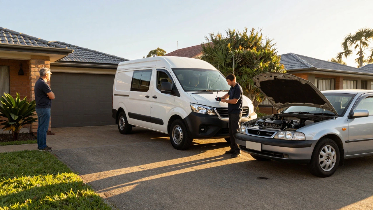 Mobile mechanic servicing a car battery at a home driveway