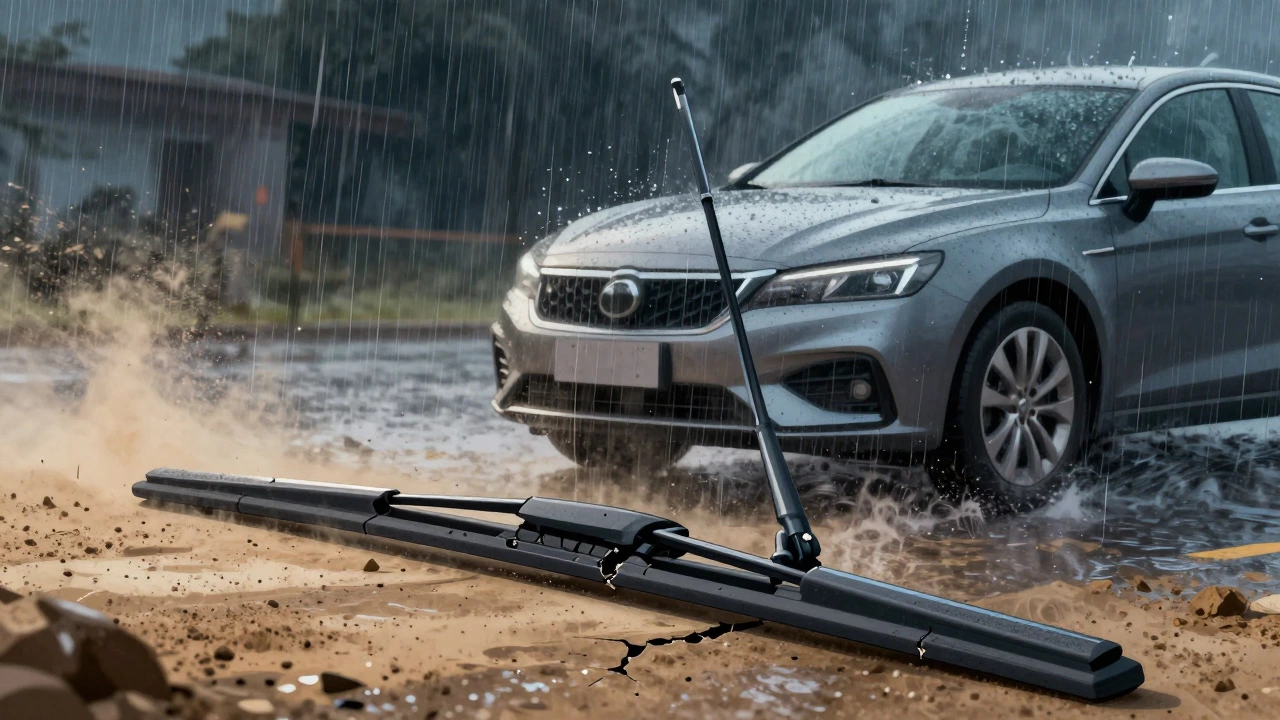 Conceptual art showing cracked rubber wiper on dust and working silicone wiper in rain