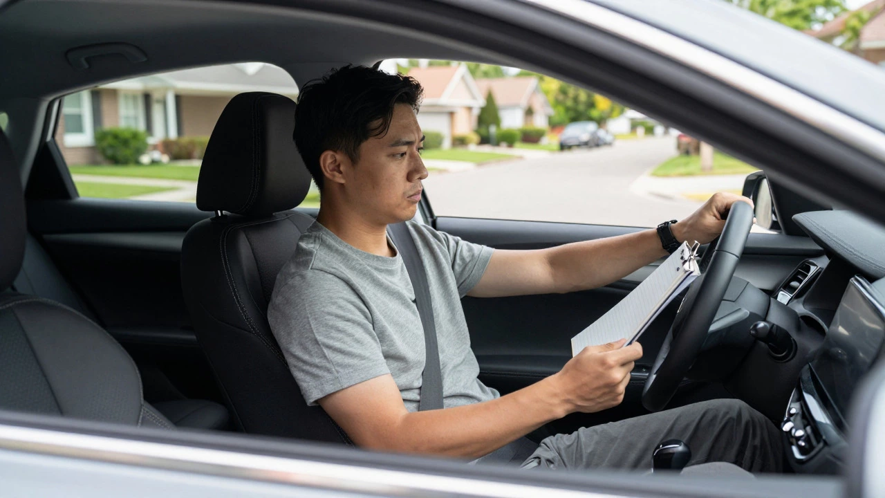 Driver holding a maintenance logbook in a suburban driveway