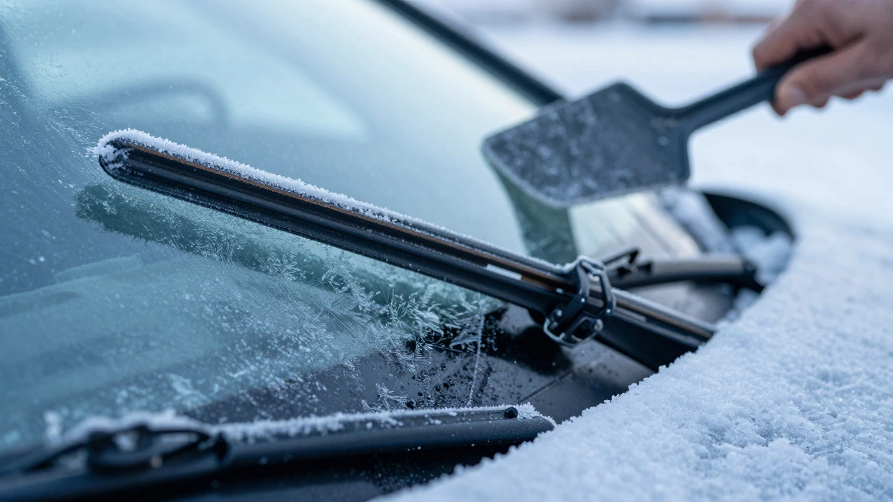 Frozen wiper blade stuck to windshield with thick ice layer