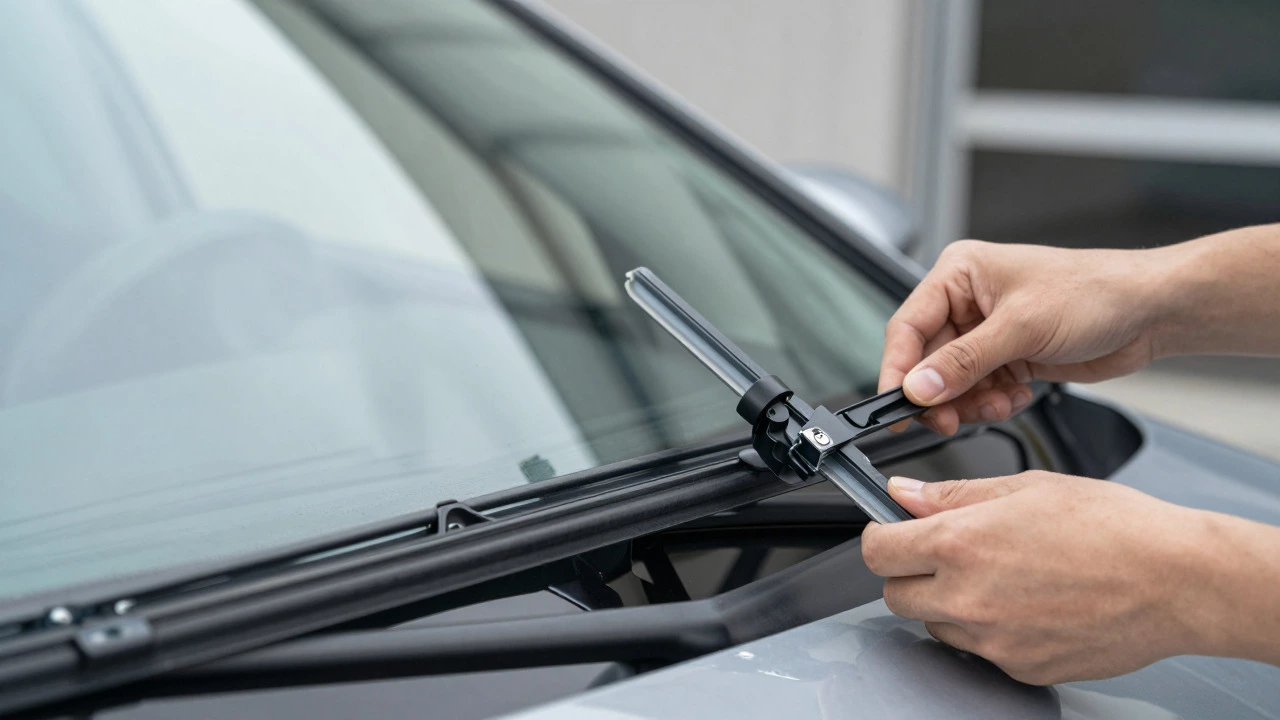 Hands installing a new bezelless wiper blade onto a car wiper arm in a garage
