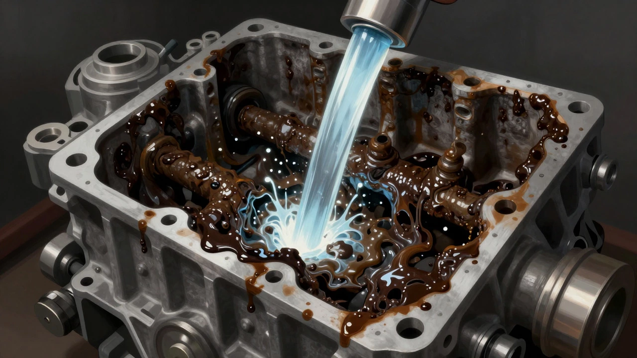 Illustration of synthetic oil breaking up sludge inside an engine