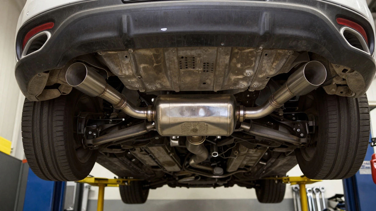 Mechanic installing new exhaust system under a car in workshop
