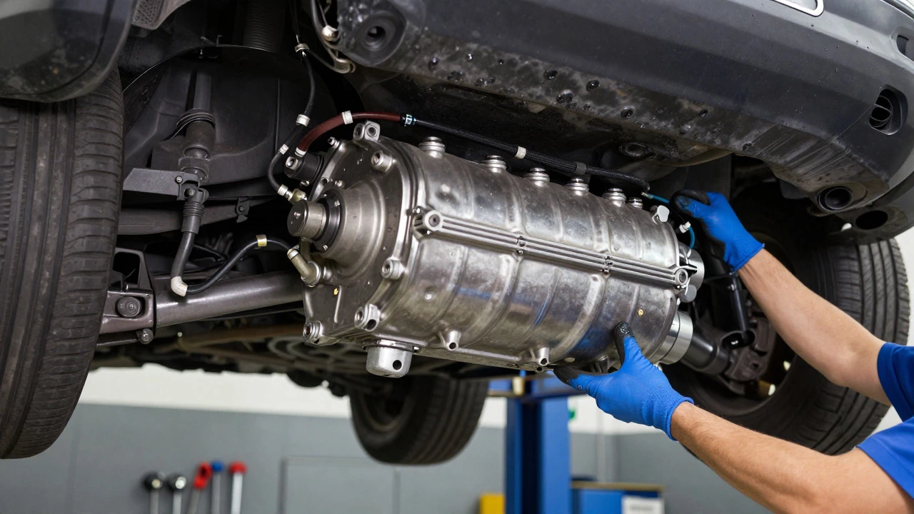 Mechanic lowering a fuel tank from under a lifted SUV in a garage