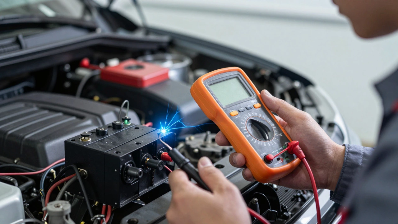 Mechanic testing fuel pump wiring for electrical issues in a modern garage
