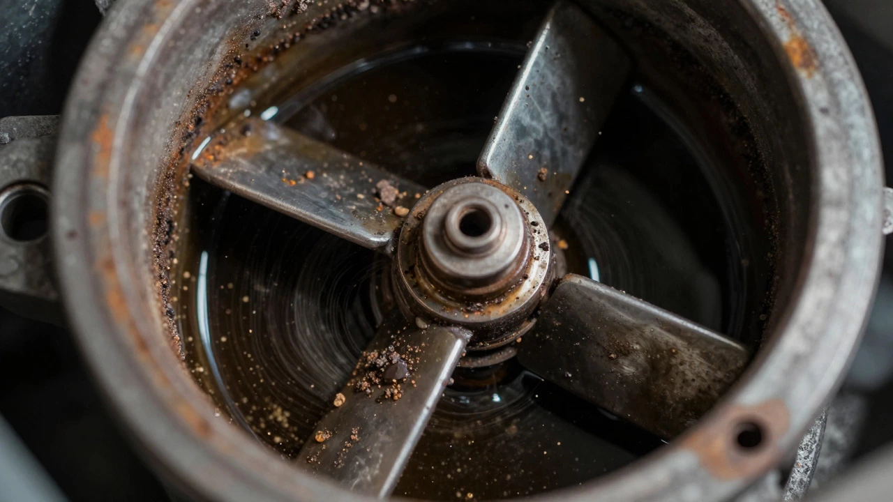 Microscopic view of dirt and rust particles eroding fuel pump impeller blades