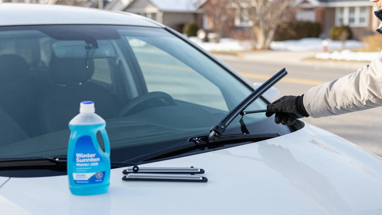 Person lifting wiper arm for maintenance with winter supplies