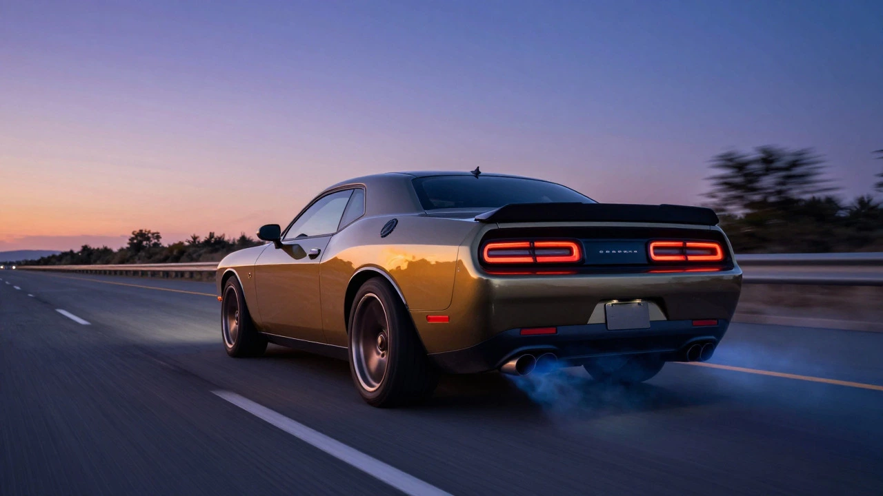 Rear view of a sports car accelerating on a highway at dusk