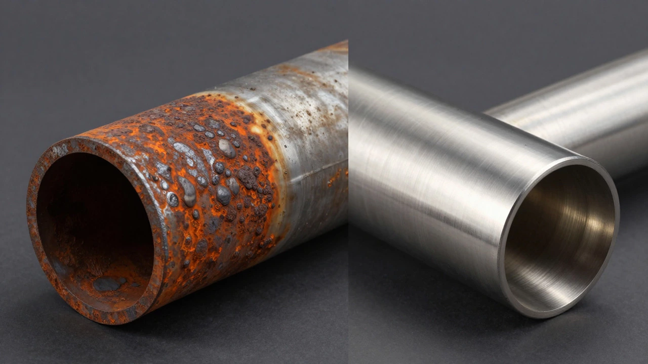 Side-by-side comparison of rusty mild steel and shiny stainless steel pipes