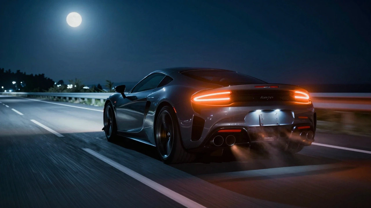 Sports car speeding on night highway with glowing exhaust tips