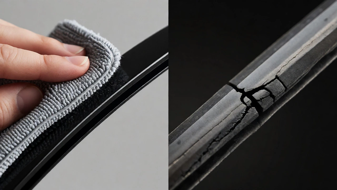 Close up of cleaning new wiper blade next to cracked old rubber edge
