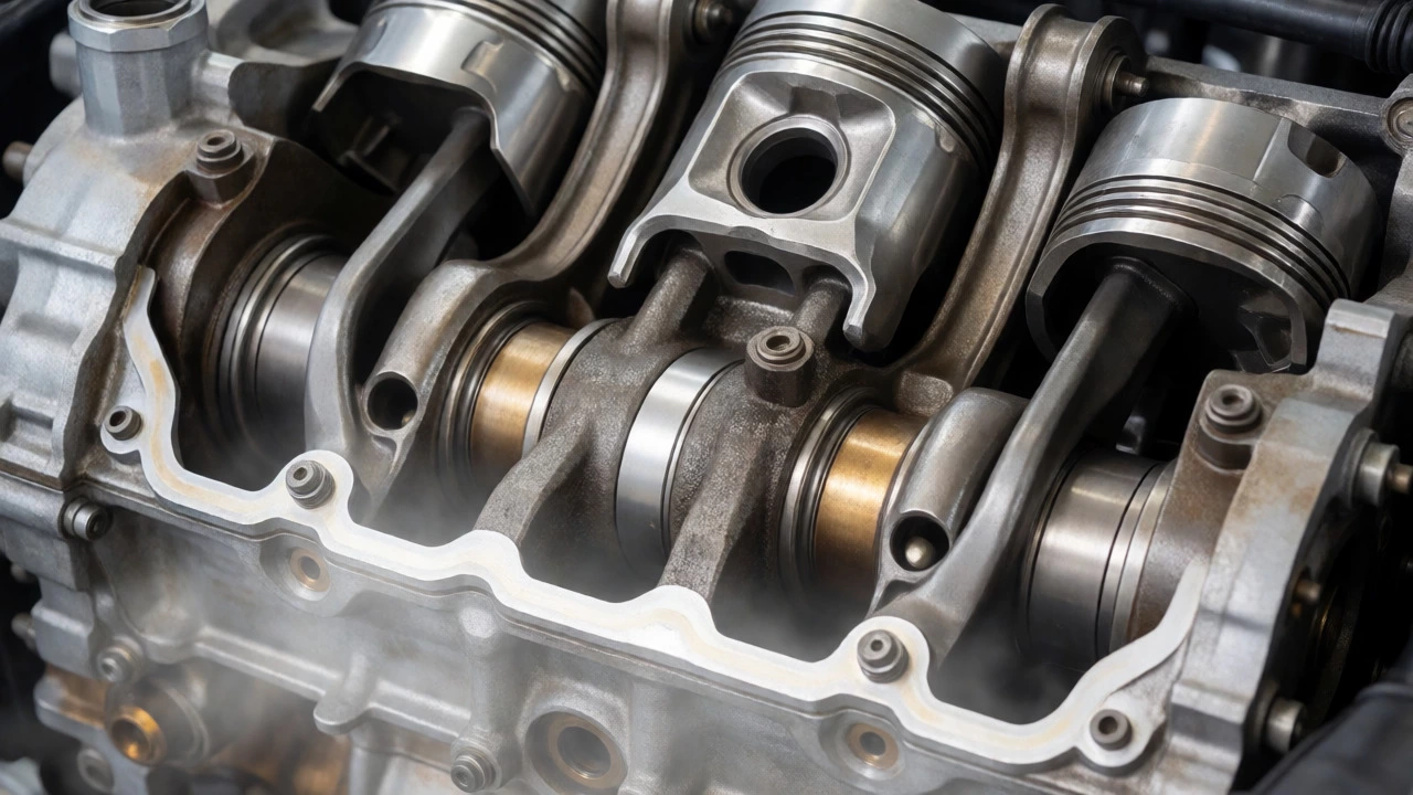 Close-up of engine internals showing oil lubricating metal bearings and pistons