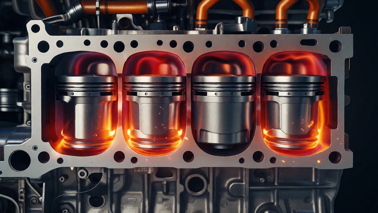 Cutaway view of a hot engine showing friction heat on pistons due to low oil