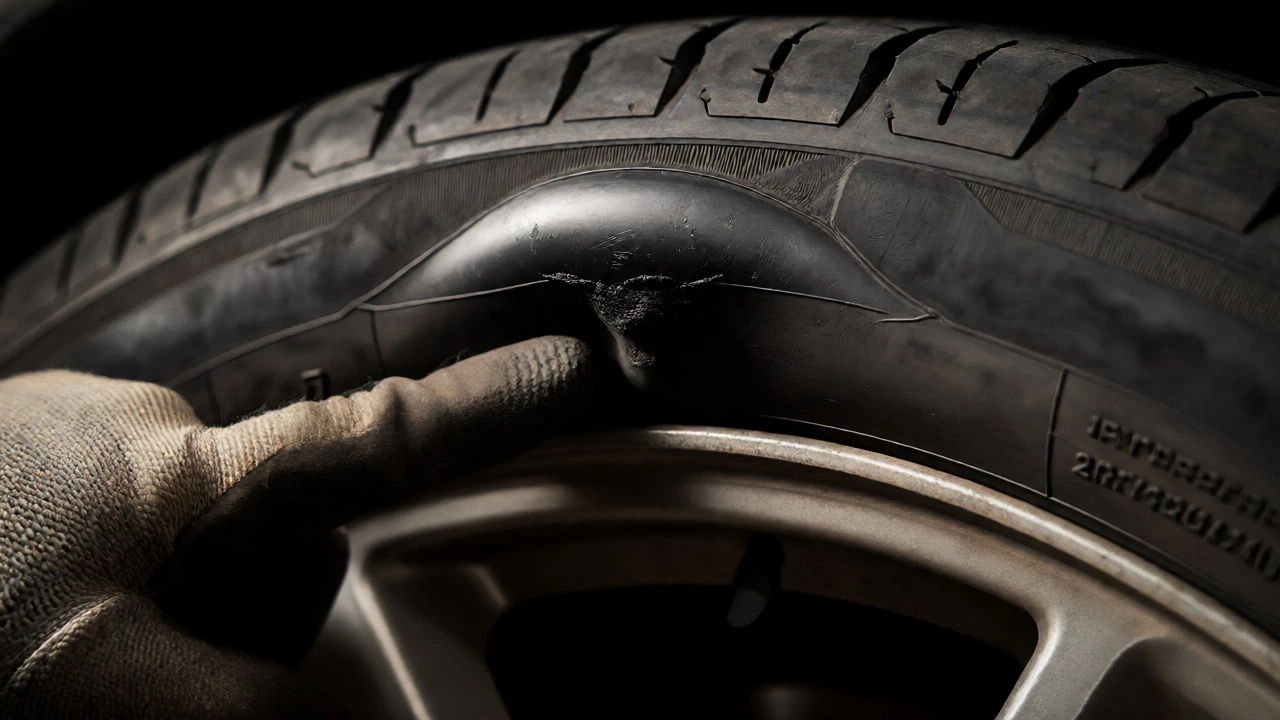 Macro shot of a dangerous bulge on the sidewall of a vehicle tire