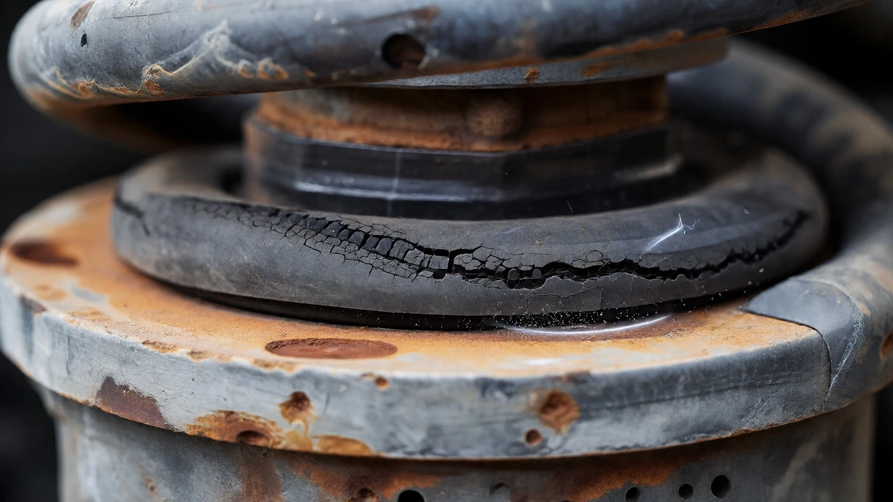 Macro view of a cracked strut mount and worn coil spring seat causing vibration
