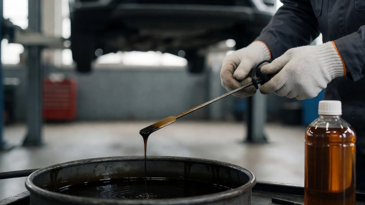 Mechanic inspecting dark, gritty oil on a dipstick above a drain pan