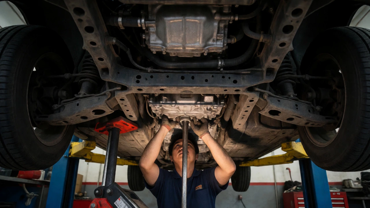 Mechanic lowering transmission from under car