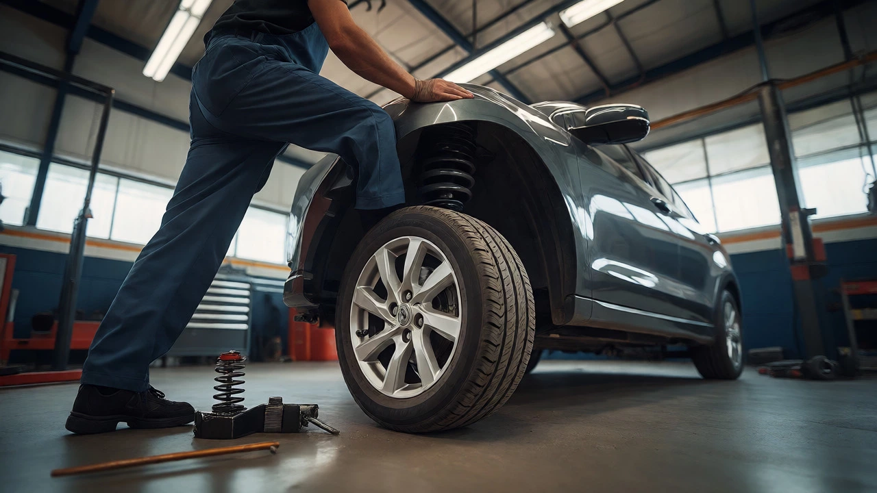 Mechanic performing a bounce test on a car suspension to check for wear