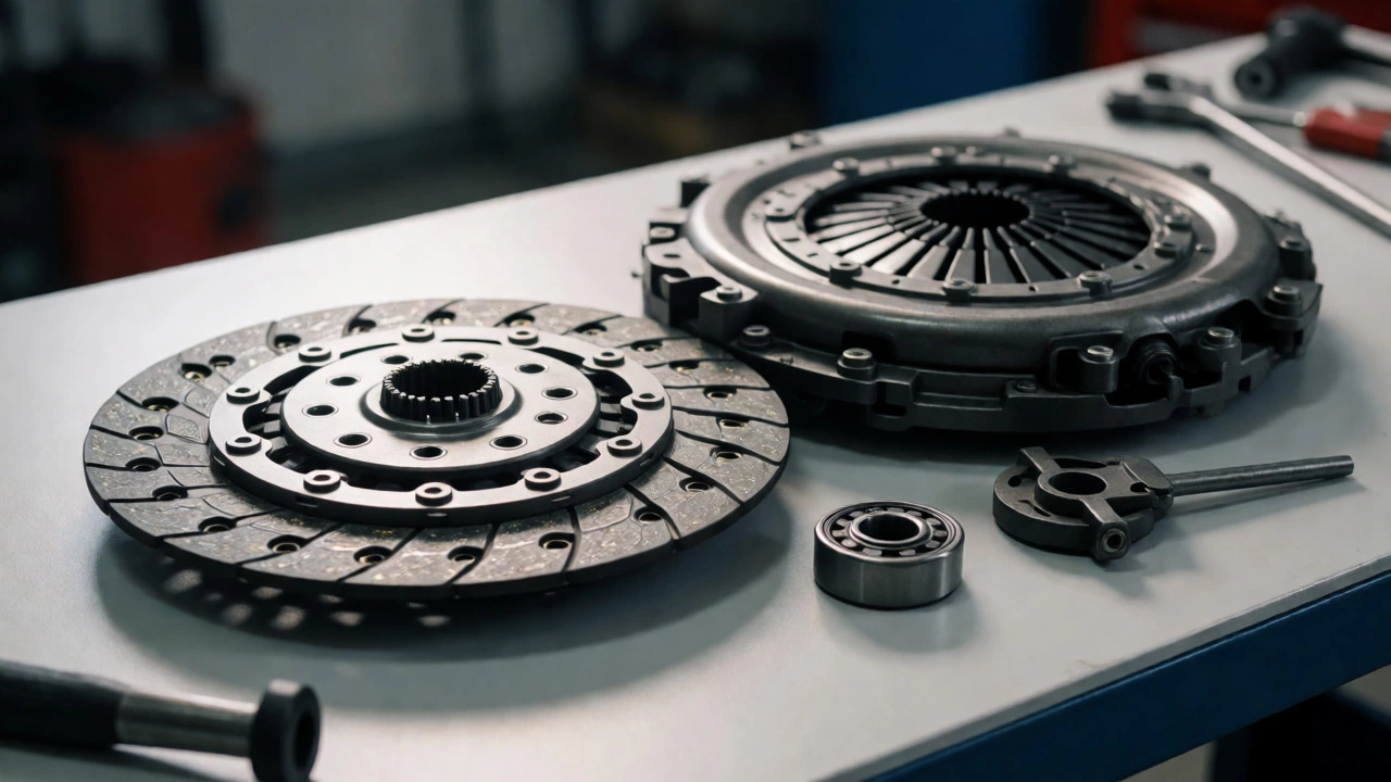 New clutch kit components on mechanic workbench
