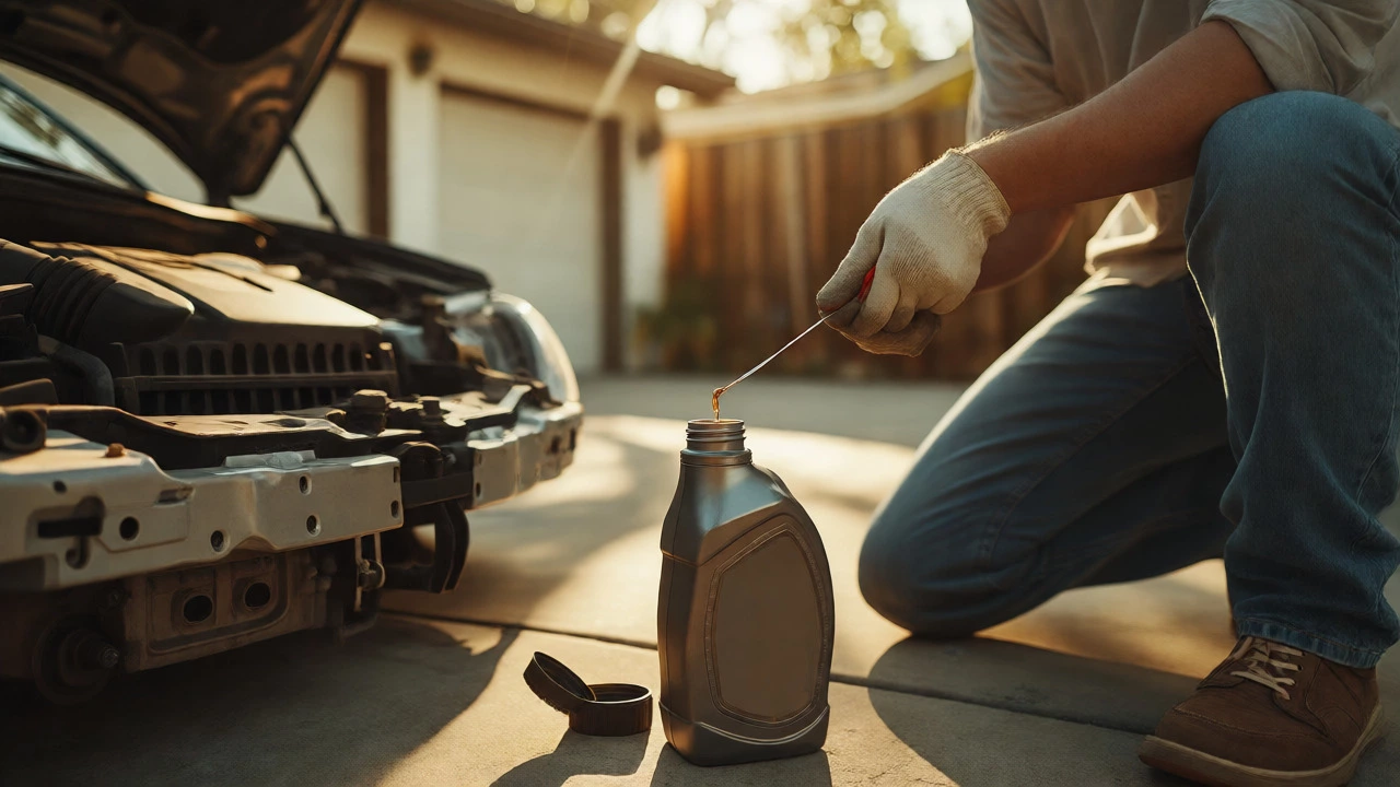Person checking engine oil level with a dipstick and adding new oil