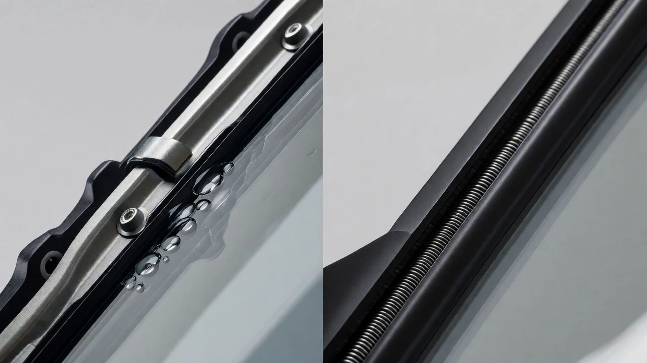 Side-by-side comparison of conventional frame vs beam style wiper blades
