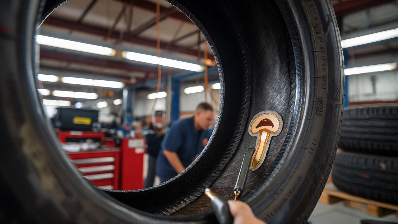 Technician applying an internal patch to the inside of a tire