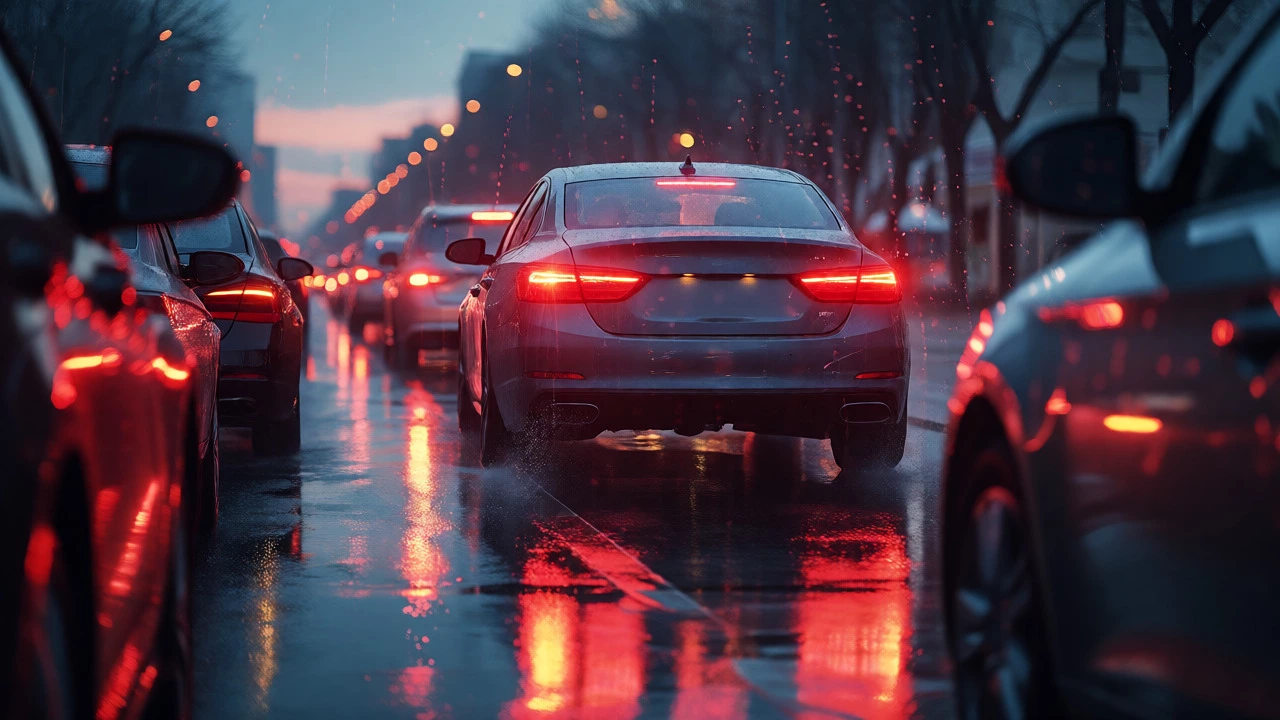 Car braking in heavy city traffic at dusk with glowing red brake lights.