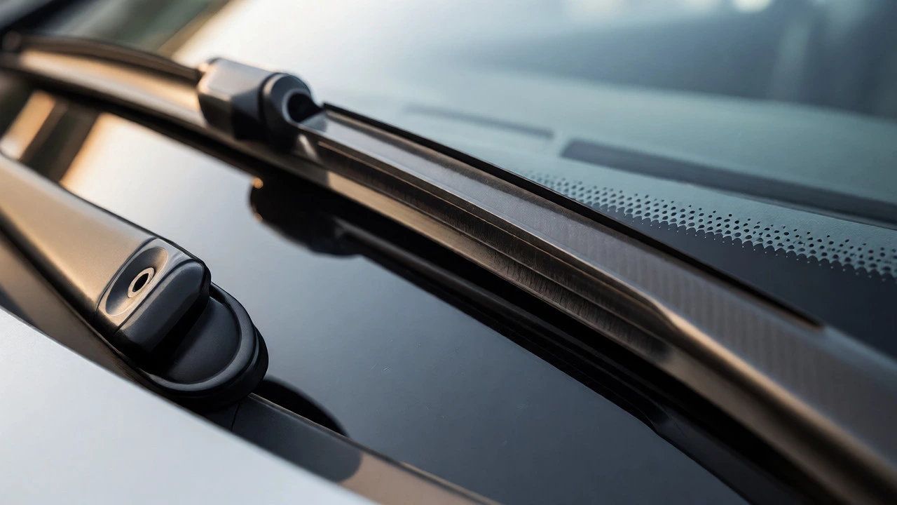 Close-up of a high-quality beam wiper blade resting on a clean car windshield