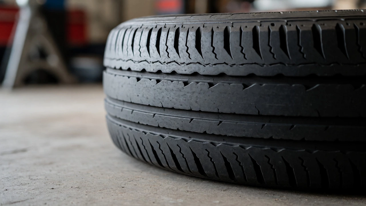 Close-up of a tire with cupping wear patterns indicating bad shocks