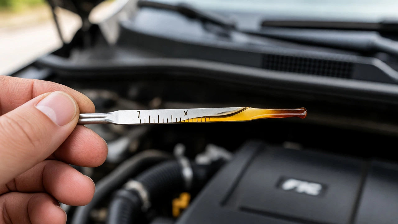 Close-up of an engine oil dipstick showing low oil level