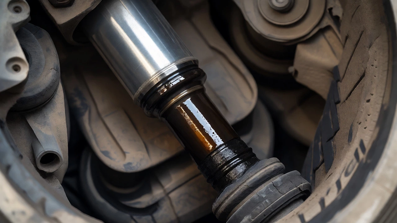 Close-up of leaking shock absorber with oily residue on piston rod