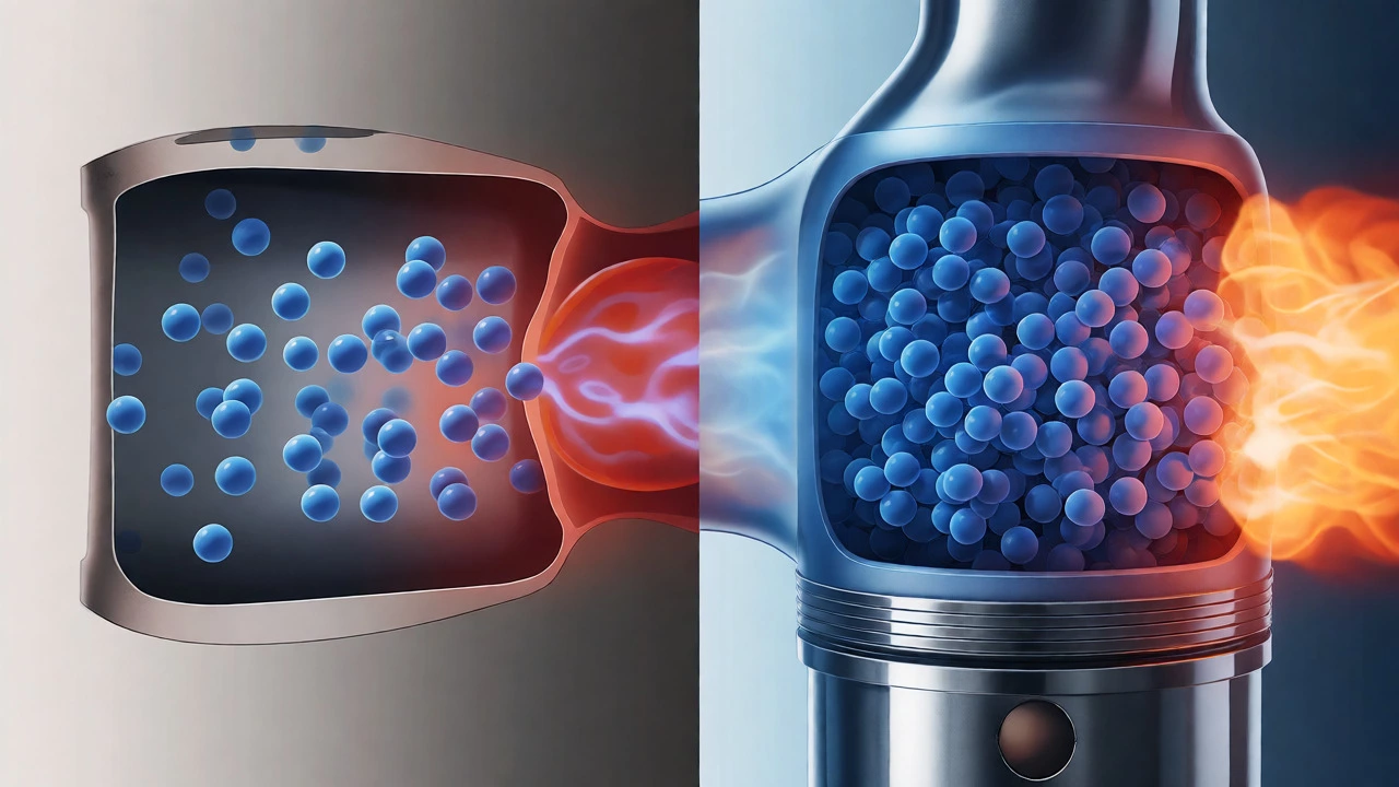 Conceptual diagram comparing sparse hot air molecules vs. dense cold air in engine combustion.