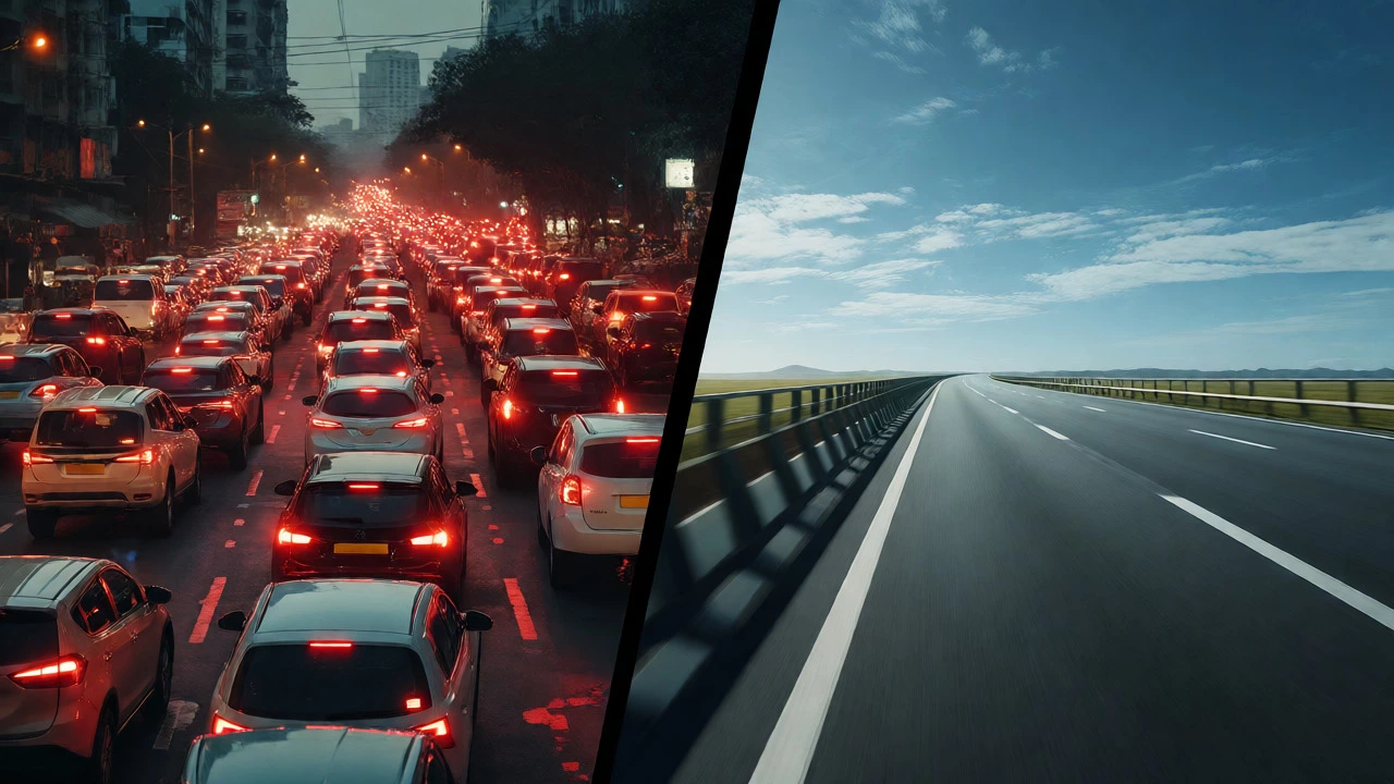 Contrast between congested city traffic and open highway driving conditions.
