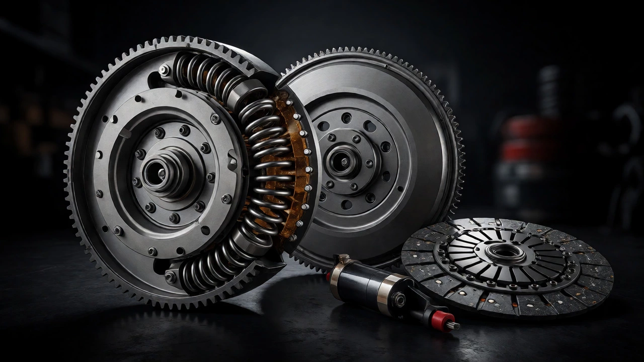 Cutaway view of dual-mass flywheel internals compared to single-mass flywheel.