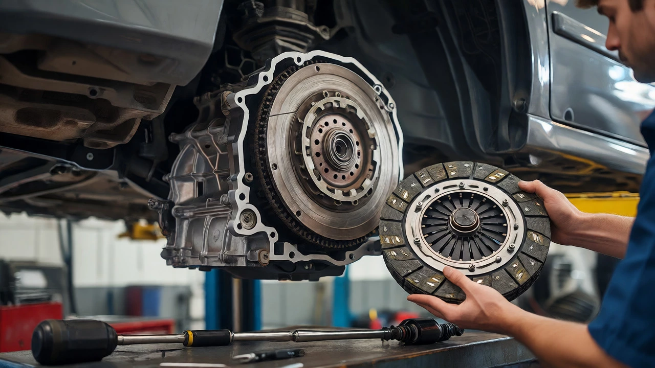 Mechanic inspecting worn clutch assembly under lifted car