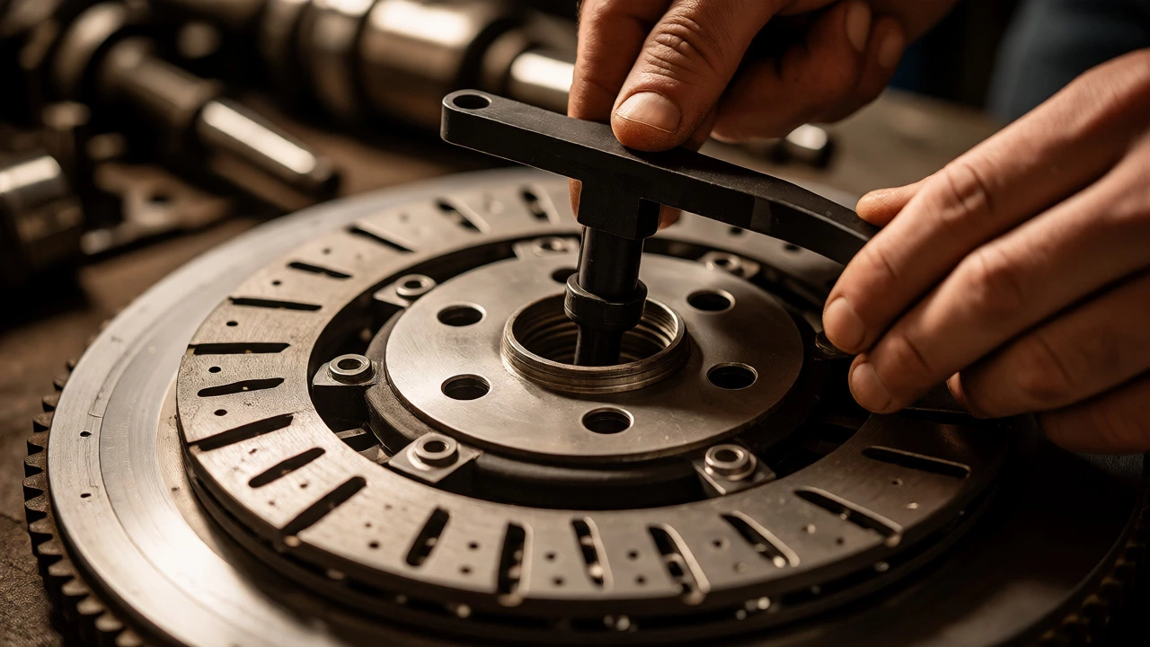 Mechanic using alignment tool to center clutch disc on flywheel during installation.