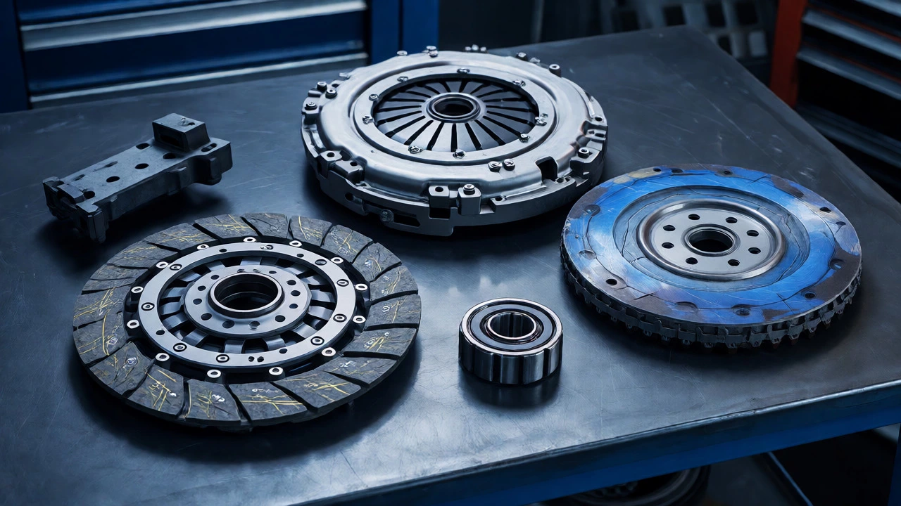 New clutch kit components displayed next to damaged flywheel
