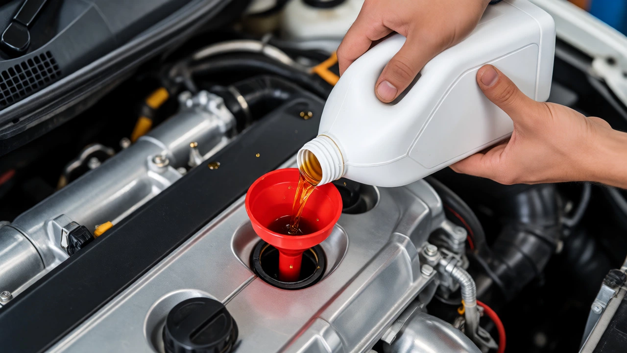 Pouring motor oil into a car engine using a funnel