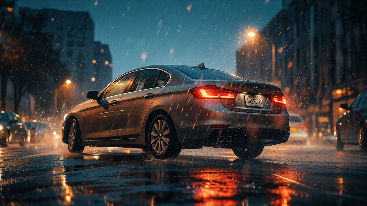 Sedan leaning heavily during a turn on a wet road due to weak suspension