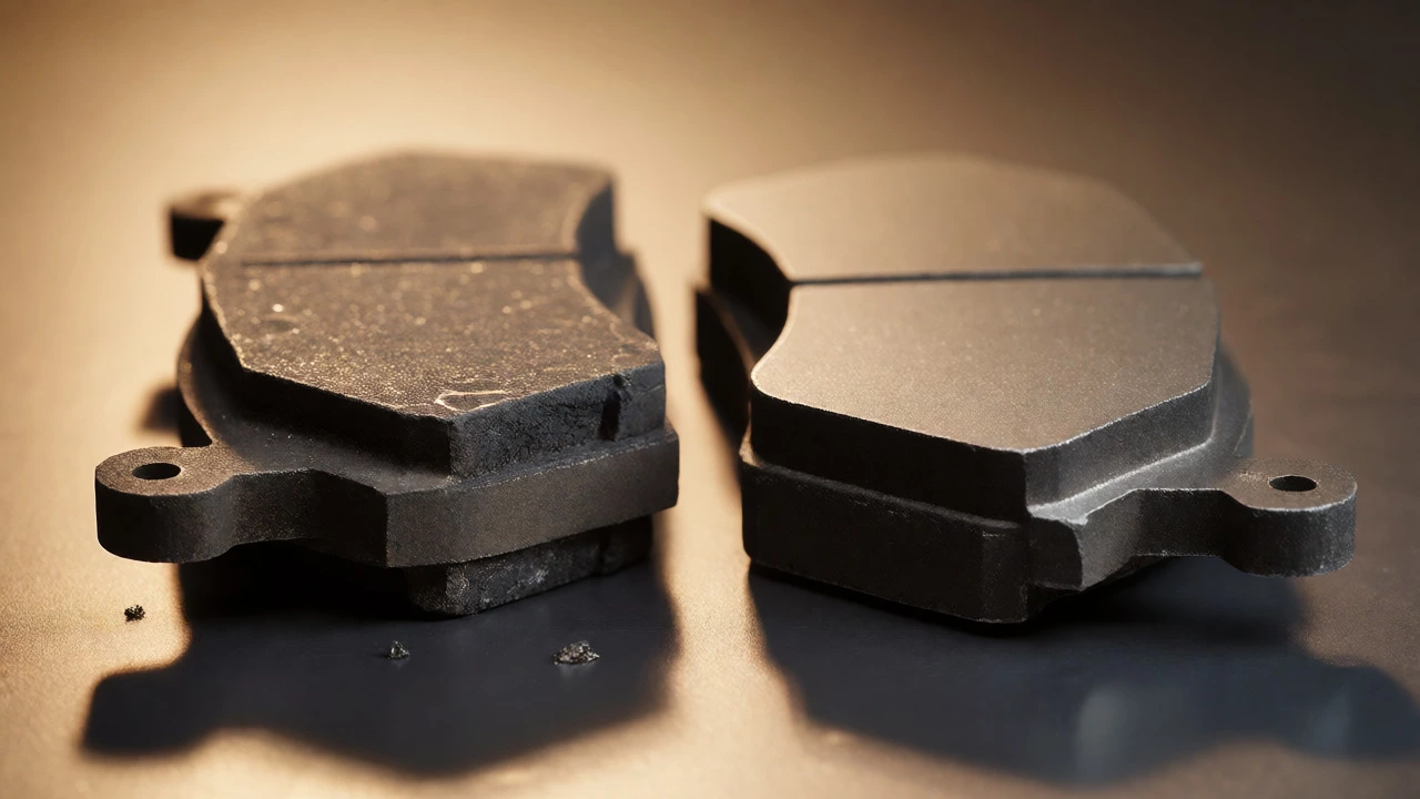Side-by-side comparison of worn and new brake pads on a workbench.