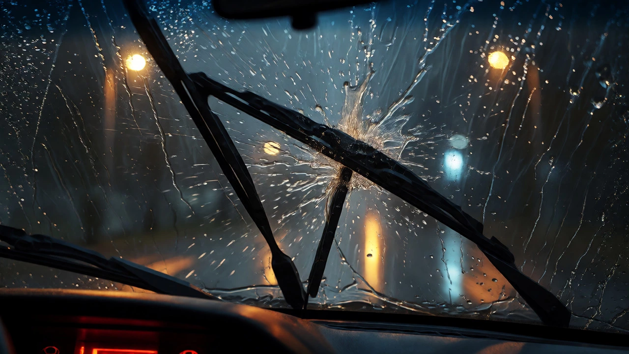 Two wiper blades colliding in the center of a wet windshield during heavy rain
